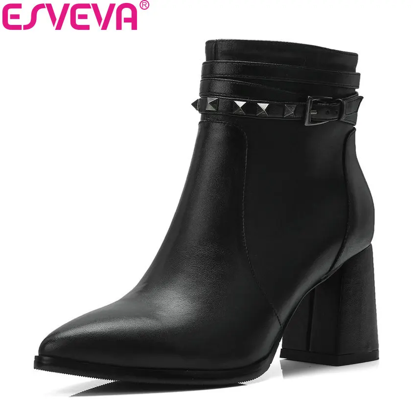 

ESVEVA 2019 Cow Leather Women Boots Zipper Ankle Boots Rivet Square High Heels Shoes Pointed Toe Ladies Boots Shoes Size 34-39