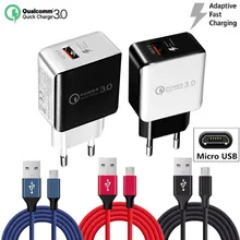 Быстрое зарядное устройство QC 3,0, микро USB кабель для Xiaomi, samsung, huawei, honor 8C, 8X P, Smart, sony, microusb, быстрое зарядное устройство QC3.0