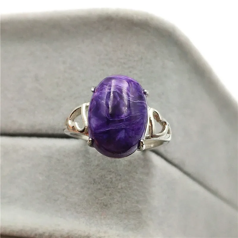 

Adjustable Ring Natural Purple Charoite Gemstone Woman Men Anniversary Gift 14x10mm Beads 925 Sterling Silver Ring Jewelry AAAA