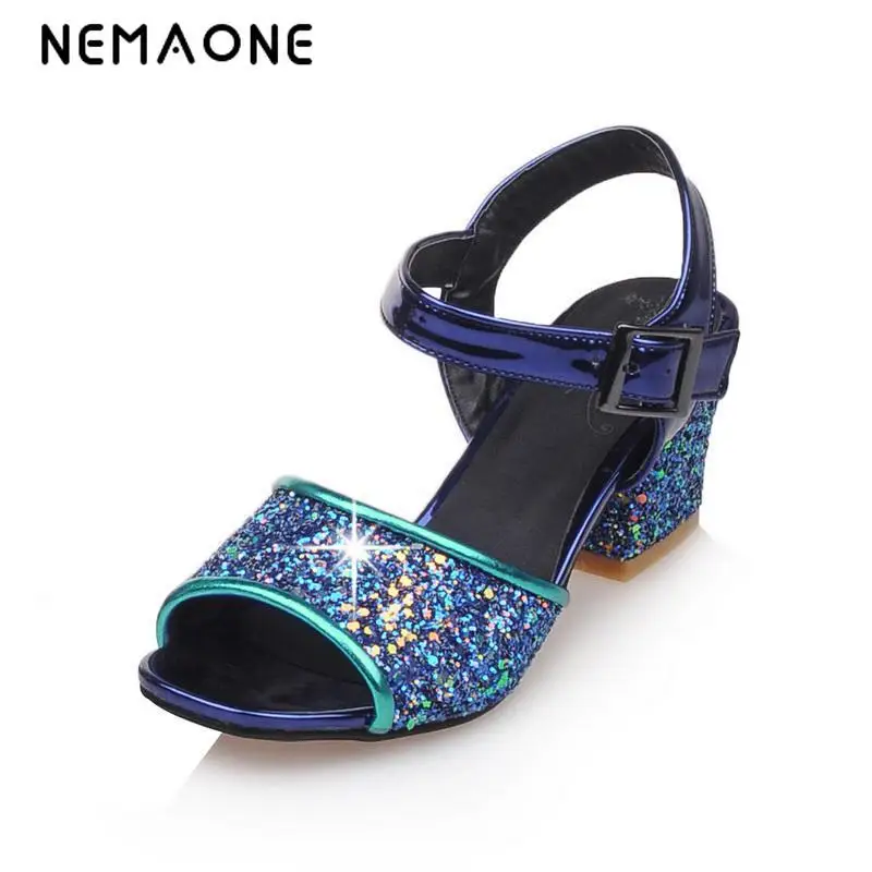 

NEMAONE 2016 Big Size 32-43 Fashion Square Heel sexy Ankle Strap Summer paillette Sandal Shoes For Women Sandal Hot Sale