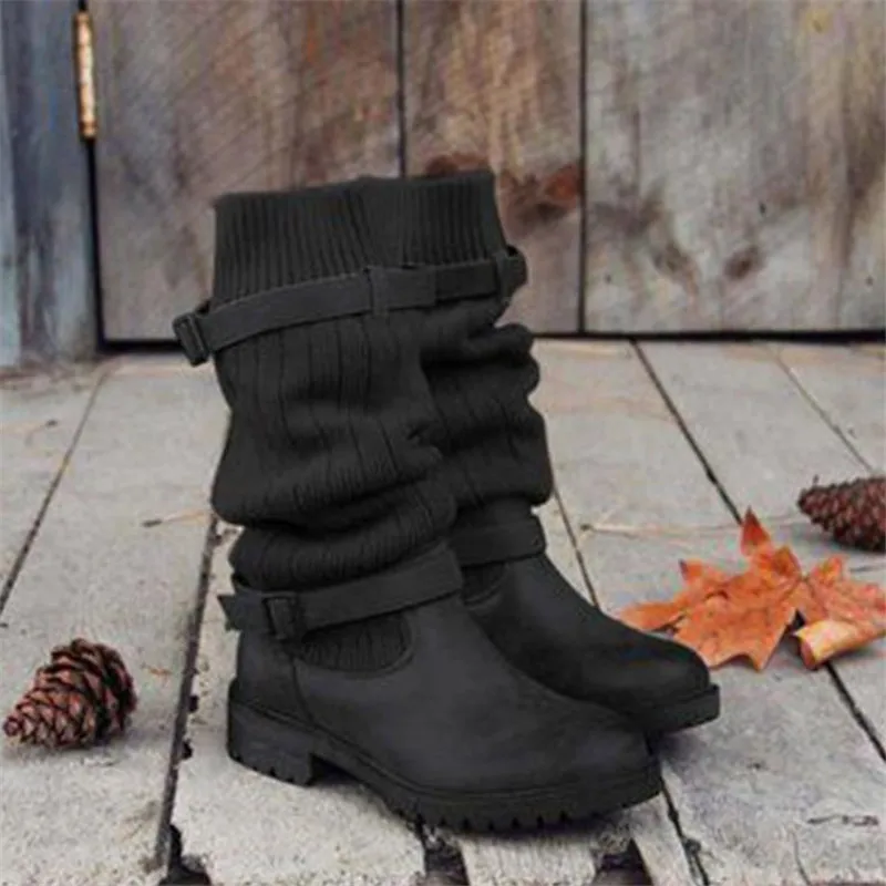 Top. Damet/женские сапоги-носки модные короткие сапоги без шнуровки на квадратном каблуке с круглым носком размера плюс зимние теплые вязаные Стрейчевые сапоги для женщин - Цвет: Black