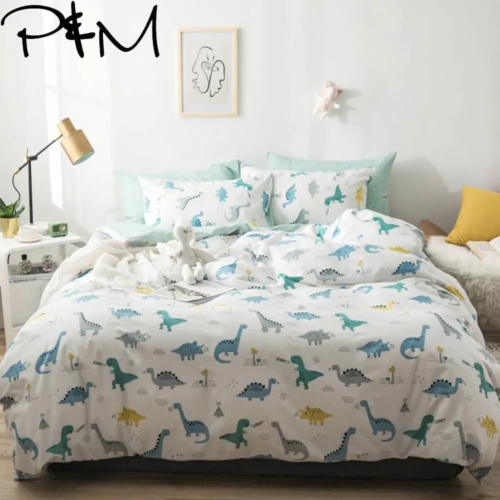 

Papa&Mima Dinosaur print Cartoon style cotton Queen Twin size bedding set duvet cover flat sheet pillowcases