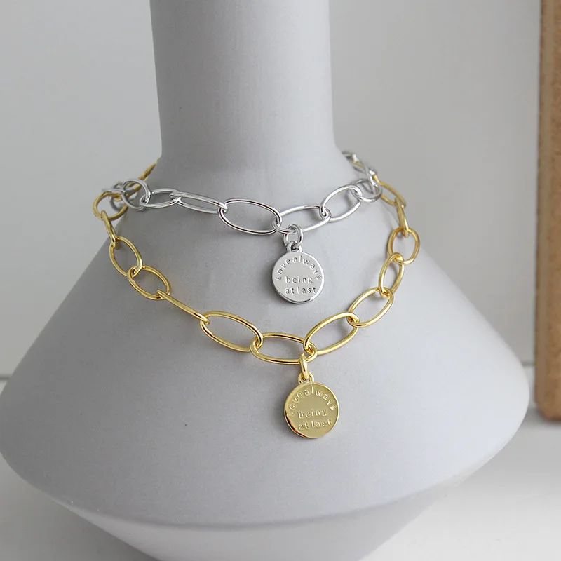 

HFYK 925 Sterling Silver Anklets 2019 Gold Silver Chain Letters Round Pendant Anklets For Women foot bracelet cheville femme