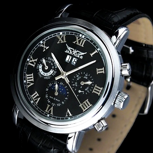

Male Watches JARAGAR Leather Belt Auto Mechanical Wristwatch Multifunction Moonphase Luminous Men's Retro Watch