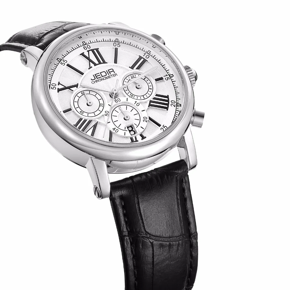JEDIR Брендовые женские кварцевые часы с хронографом, с 24 часами и календарем, черный кожаный ремешок, секундомеры для запястья для женщин