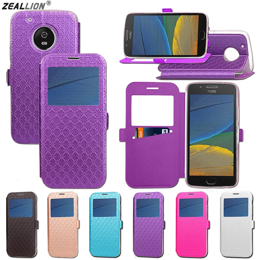 

ZEALLION For Motorola Moto G5 G5 Plus Luxury Case Rhombus PU Leather Window View Card Slot Flip Stand Phone Cover