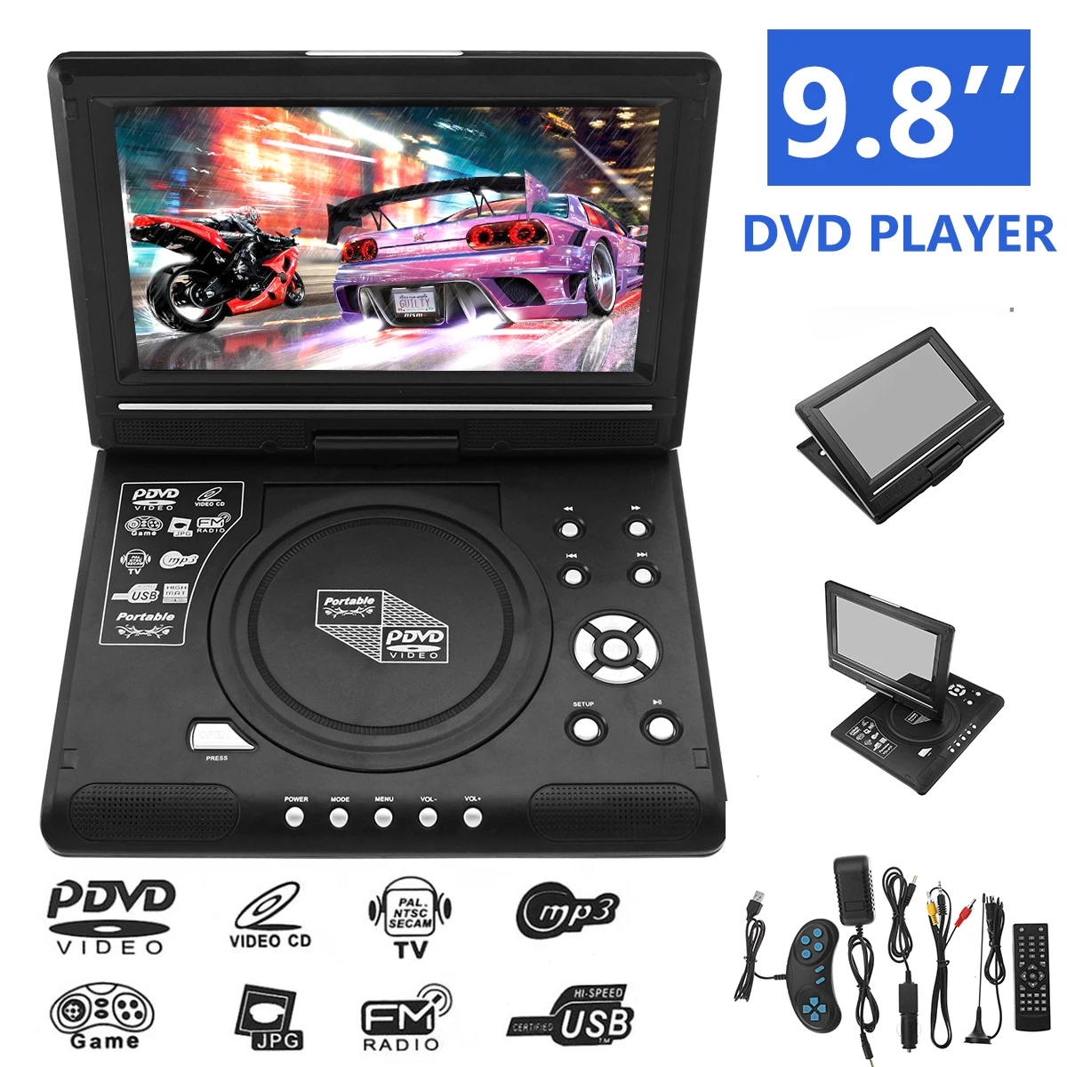 

9.8 Inch Portable DVD Player Rechargeable 270 Degree Rotating Screen Digital Multimedia Player for Cars TV DVD Game MP4 Outdoor
