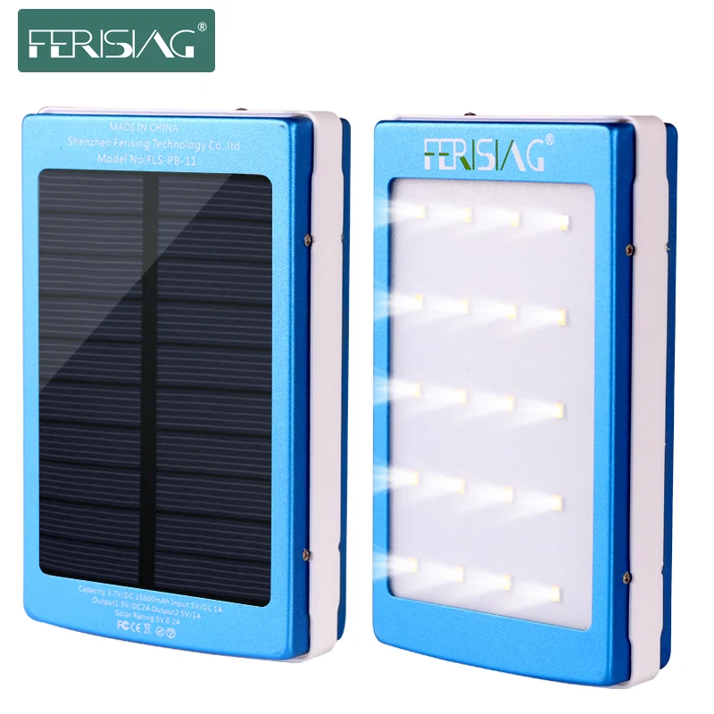 Solar Power Bank Real 15600mAh Dual USB Waterproof PowerBank Portable Charger External Battery Solar Panel + LED Light Ferising