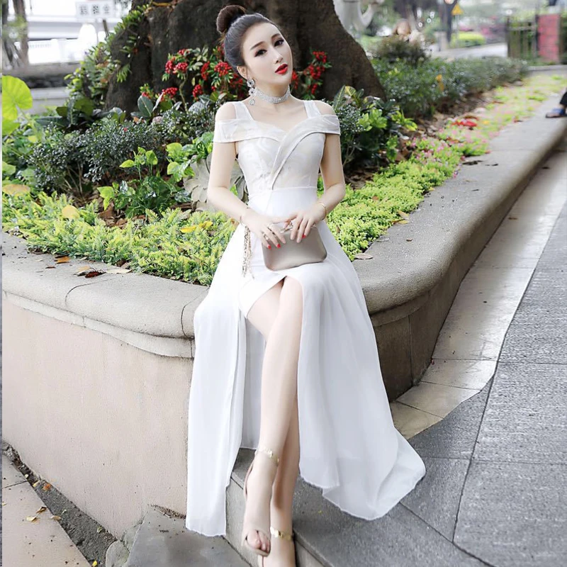 Lace Party Dresses Women Off Shoulder Bodycon Long Dress Summer Sexy Red Dress Elegant Evening Vintage Dresses Vestidos - Цвет: Белый