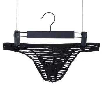 

Sexy Men Plus Size Ice Silk Stripe Underwear Transparent U Convex Pouch Briefs Smooth Breathable Thongs Low Rise Gay Wear F8
