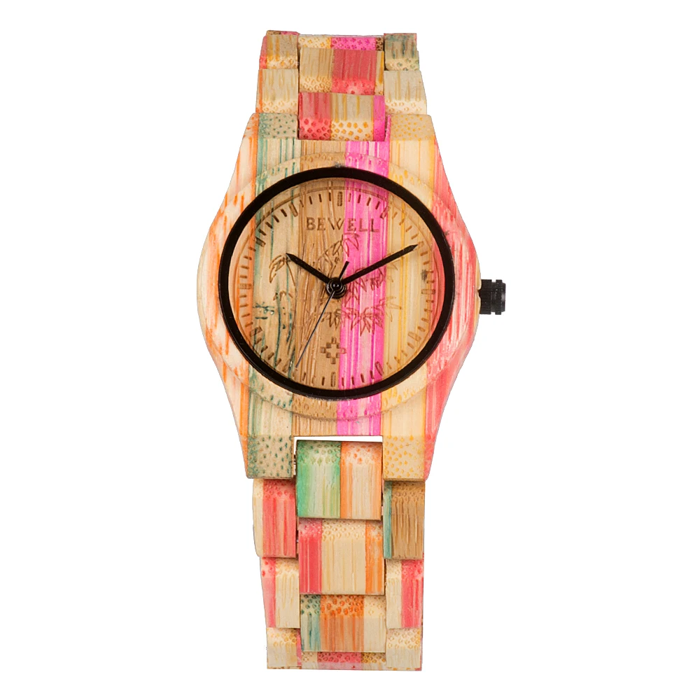 

BEWELL 2018 Bamboo Wooden Watch for Women Colorful Design Round Wood Case Handmade Natural Wristwatch Dropshipping 105DL