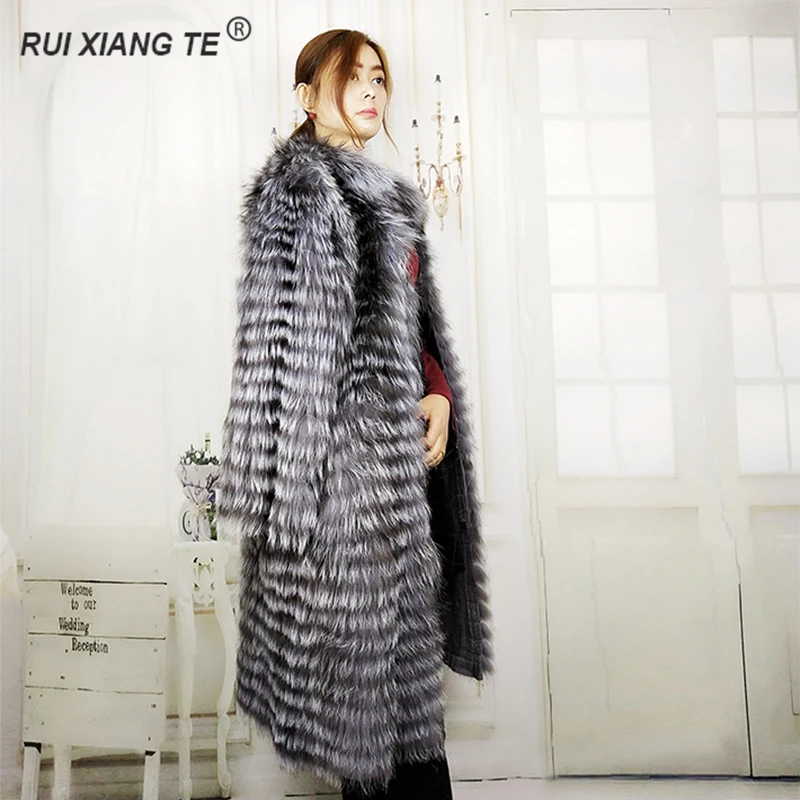 Women real fox fur coat silver fox coat vest stander collar fur coat luxury fashion fox striped coat for warm winter RuiXiangTe