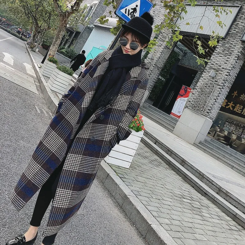 New Women's Wool Coat Autumn Winter 2018 Fashion Classic Plaid Patchwork Woolen Jacket Slim Thicken Long Outerwear Female Coats