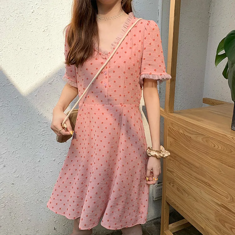 

Summer Women Fashion 2019 New Ins Harajuku Korean Style Mini Slim A-line High Waist Floral V-neck Short Sleeve Female Dress