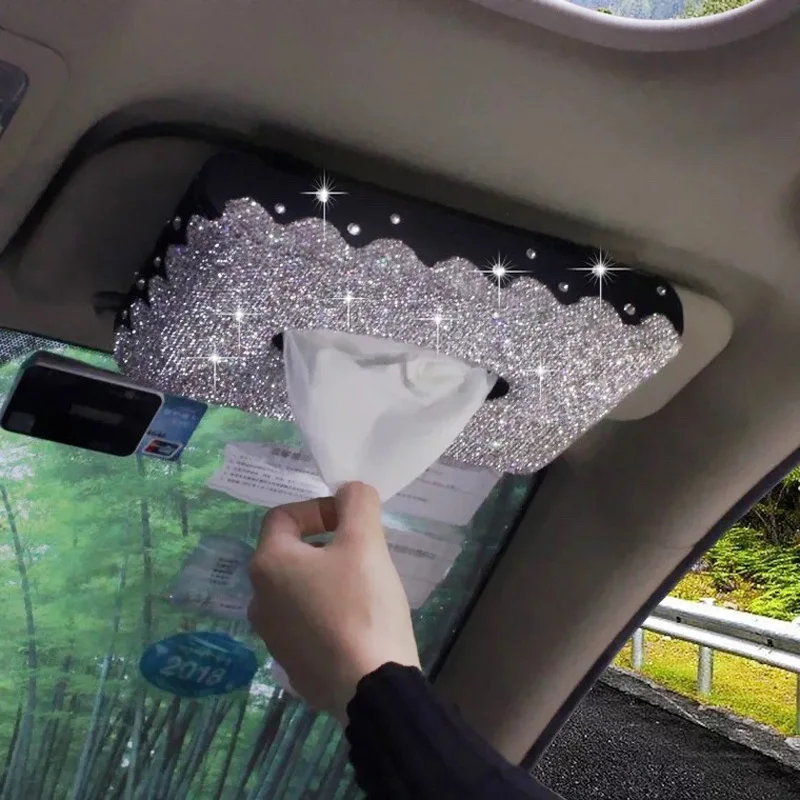 Caixa de Tecido do Carro Viseira tipo Glitter Papel para Meninas Acessórios do Carro Criativo Bling Cristal Diamante Tecido Caixa Capa Suporte Feminino 4 Automóveis e motos