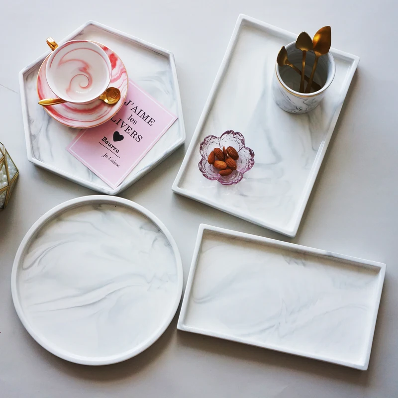 

Nordic Ceramic Imitation Marble Pattern Tray Round Tea Tray Irregular Jewelry Storage Tray Kitchen Western Dish Home Decoration