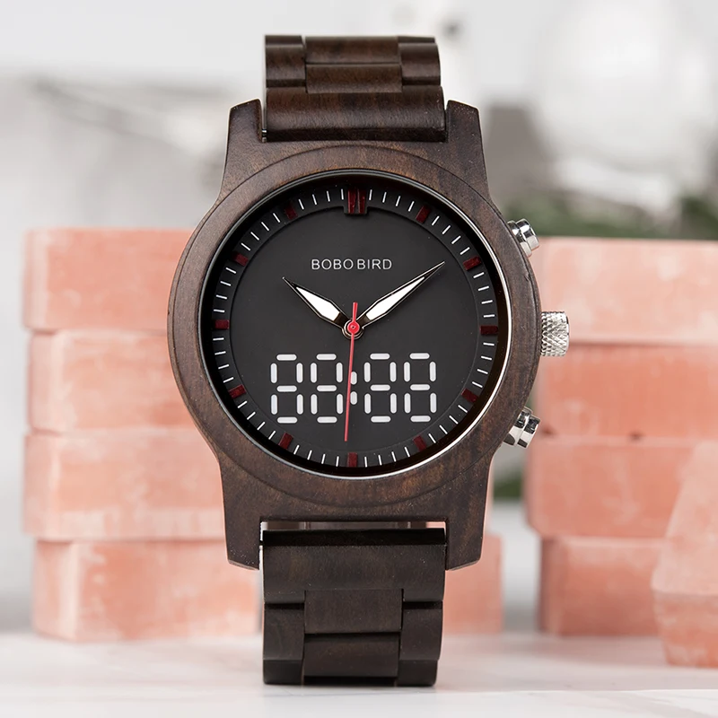 BOBO BIRD Digital Watch Black Wooden Men Quartz Dual Display Wristwatch reloj digital hombre
