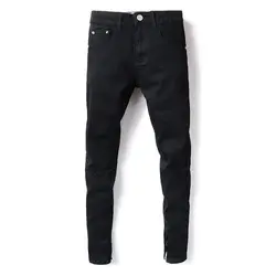 Американский уличная Для мужчин черные джинсы Цвет лодыжки молния деним Повседневное брюки коленками потертые отверстие Рваные джинсы homme
