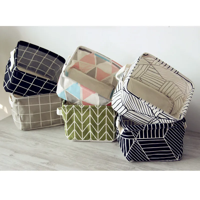 

Newest Nordic Style Brief Linen Desk Storage Box Holder Plaid Geometric Print Jewelry Cosmetic Stationery Organizer Case