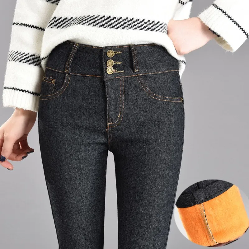 

High Waist Jeans Winter Warm Jeans Pants For Women Black Solid 3 Buttons Fleeces Thickening Denim Pencil Pants Trousers P9124