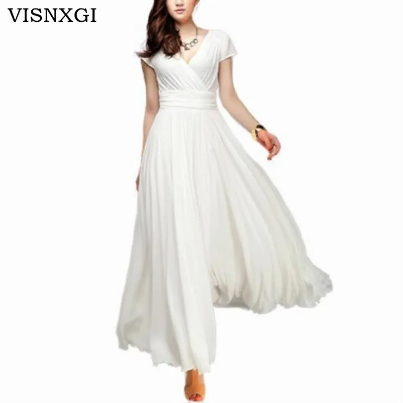 

VISNXGI Women Long Maxi Dresses Bohemia V-neck Short Sleeve Chiffon Summer Female Club Dress Vestidos Plus Size S-5XL Clothes