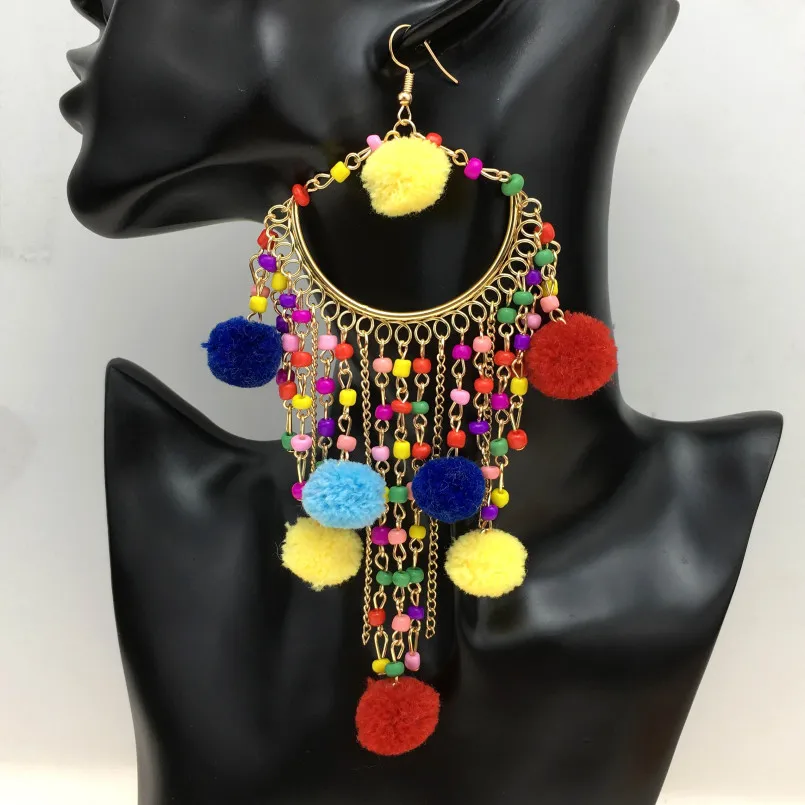 MANILAI Fashion Pom Pom Long Beaded Tassel Earrings Ethnic Jewelry Women Big Dangle Firenze Fringe Drop Earring Boho Pendientes