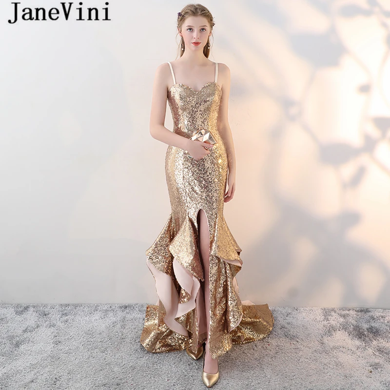 

JaneVini vestido dorado largo Gold Bridesmaid Dresses Sexy Mermaid Long Split Women Wedding Party Gowns Sequins Formal Dress