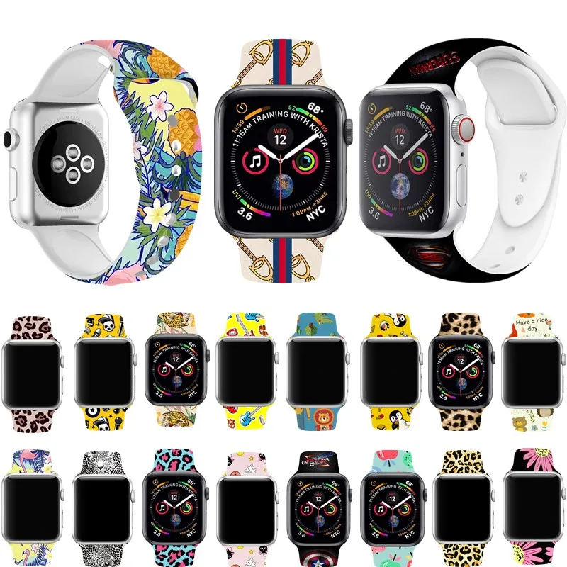 

Silicone Cartoon strap For Apple Watch band 4 44/40mm Sports Rubber Printing Wrist Bracelet Accessories For iWatch 3/2/1 38/42mm