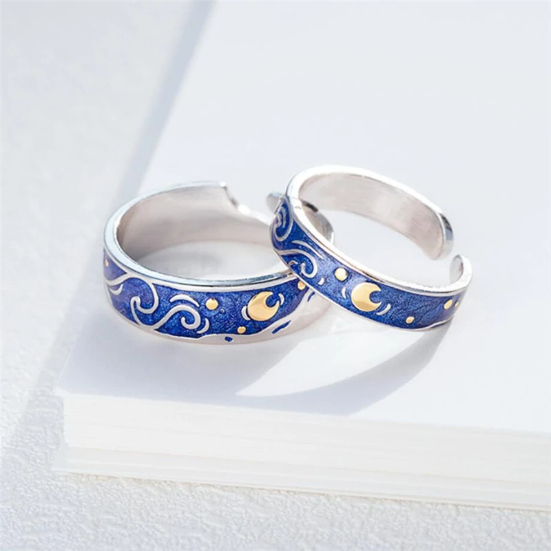 

Sole Memory Fashion Van Gogh Starry Sky Couple Ring Sweet Romantic Gift 925 Sterling Silver Female Opening Rings SRI347