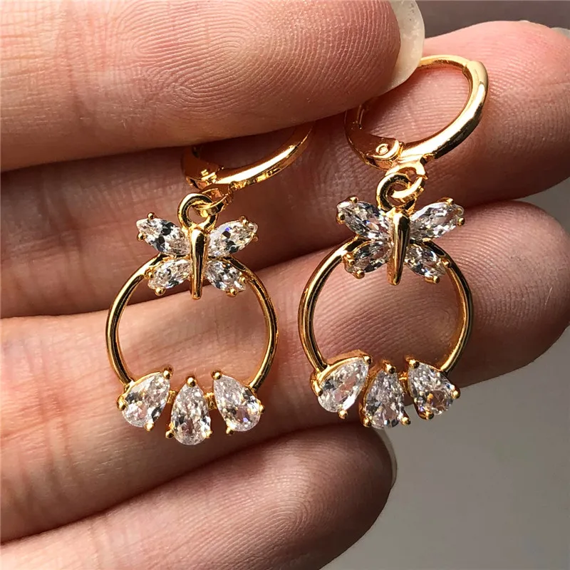 

Luxury Female Crystal Hoop Earrings Fashion Small Rose Gold Butterfly Earrings Vintage Animal Jewelry Double Earrings For Women