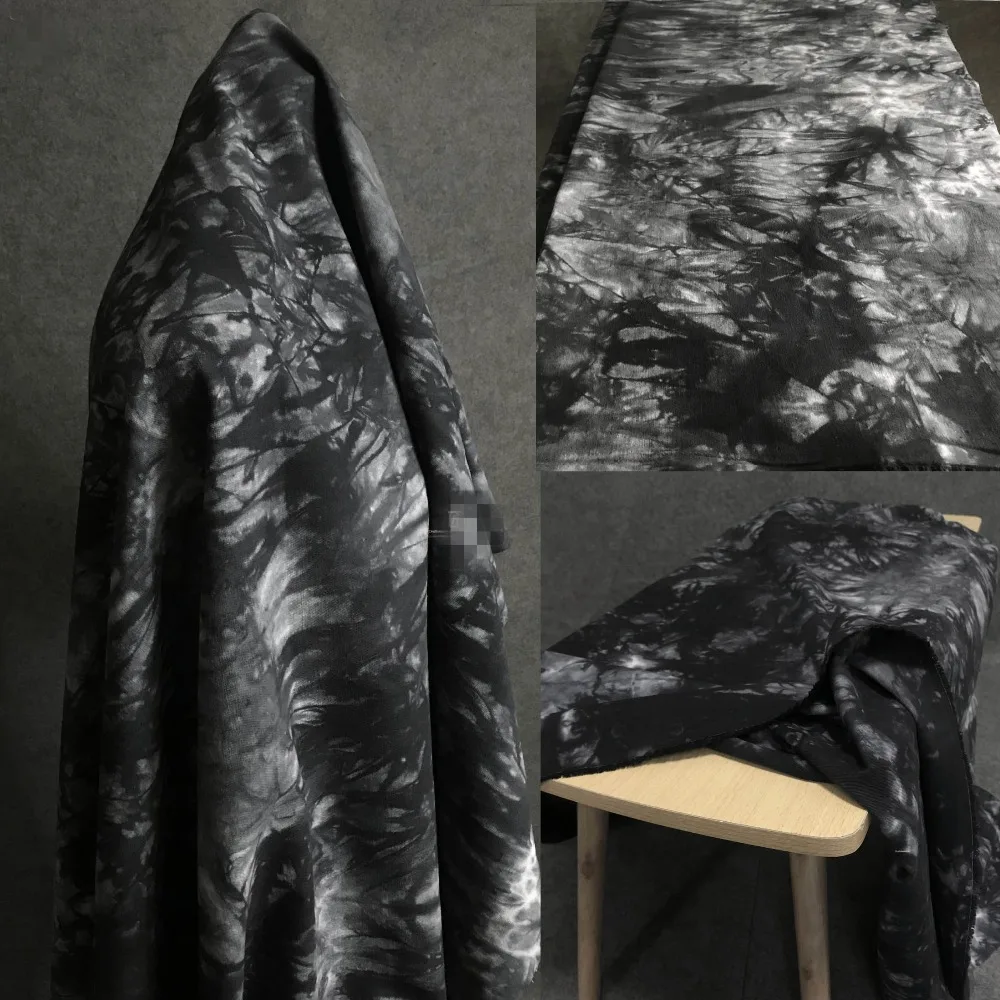 

50cm*150cm/piece Black and white traditional hand-dyed cloud ink pattern washed denim coat fabric designer fabrics