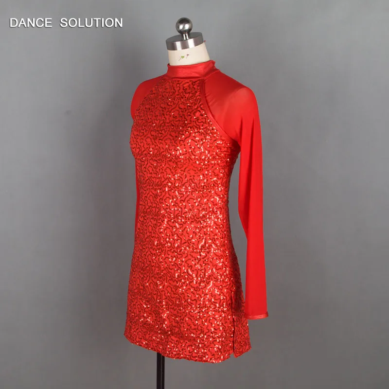 18437 Красная Блестящая одежда из спандекса с сетчатыми длинными рукавами и шорты для мальчиков танцевальные балетные костюмы для девочек и женщин лирическое танцевальное платье