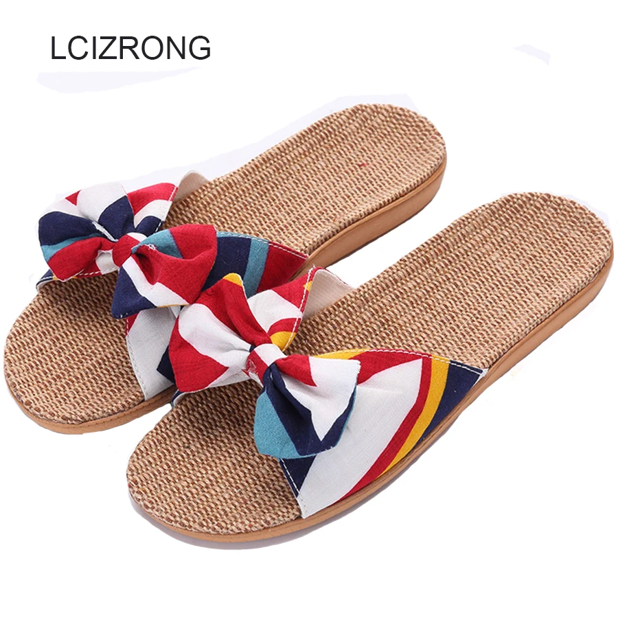 

LCIZRONG Summer 7 Colors Bohemia Hemp Women Slippers Summer Print Flax Butterfly-knot Flat Shoes Non-slip Home Slippers Female