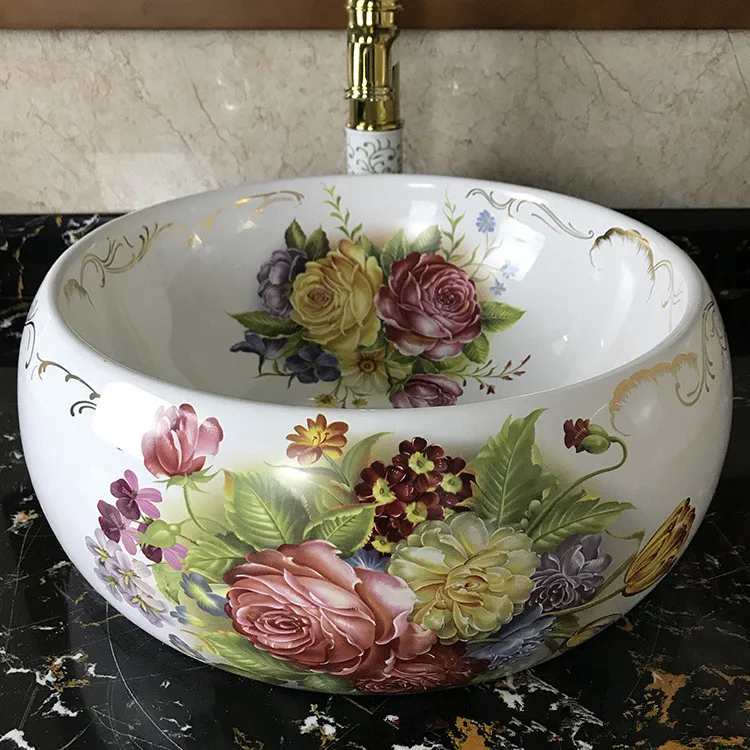 Porcelain Bathroom ceramic counter top sink Round wash basin Ceramic Lavabo Bathroom Vessel Sinks Sink Bowl peony pattern (1)