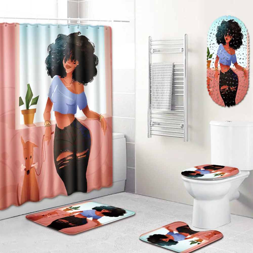 Комплект из 5 предметов в африканском стиле, Женский коврик для ванной, занавес, нескользящий коврик+ крышка для унитаза+ коврик для ванной+ занавеска для душа в ванной