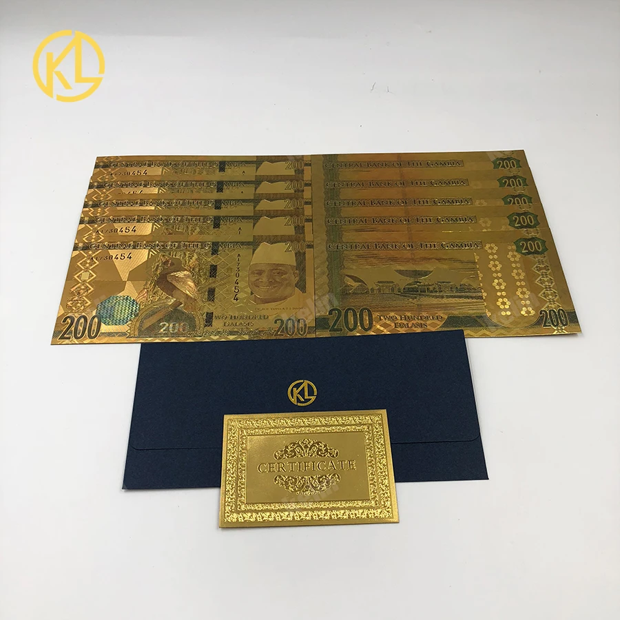 

KL 10pcs/lot 200 Dalasis Gold Color Foil Banknote Central Bank of the Gambia for money collection and gifts