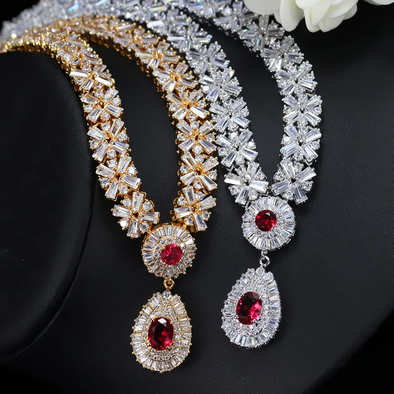 BeaQueen Luxury CZ Stone Paved Red Garnet Austria Crystal Statement Necklace Earrings for Women Wedding Jewelry Set JS059