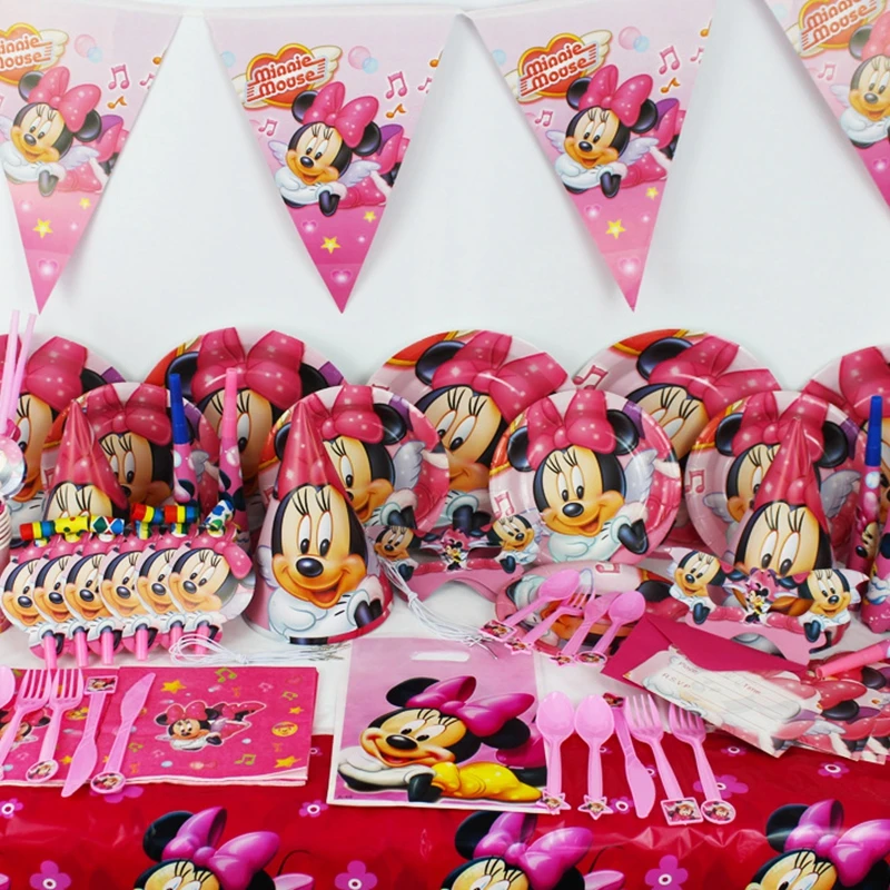

Red Pink Minnie Theme Cartoon Party Tableware Set Banner Kid's Birthday Girls' Theme Party Decor Supplies