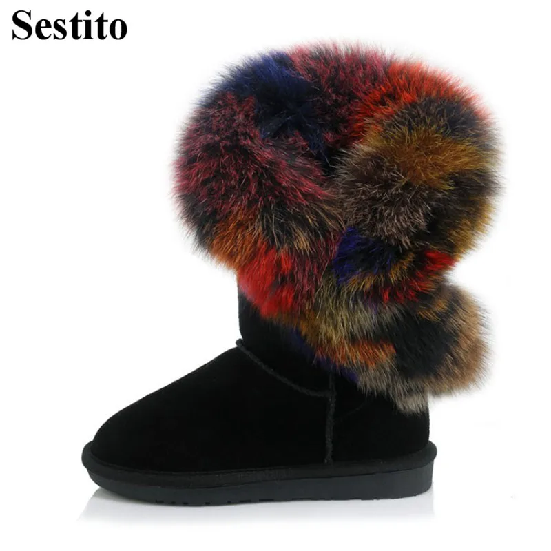 

Newest Black Flock Colorful Feather Winter Boots Woman Keep Warm Mid-Calf Boots Women Round Toe Flat With Slip-on Women Shoes