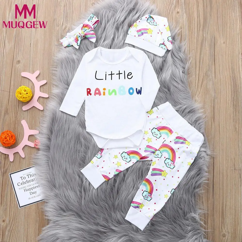 

MUQGEW Newborn Baby Girl Boy Letter Rainbow Romper Tops Bodysuit Pants Hat Clothes Set roupas infantis menina