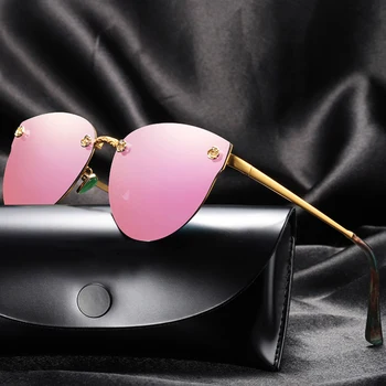 

YOK'S Women Pink Polarized Sunglasses Trend Brand Cat Eye Rimless Metal Flower Frame Shade Driving Goggle Glasses Oculos WN1256
