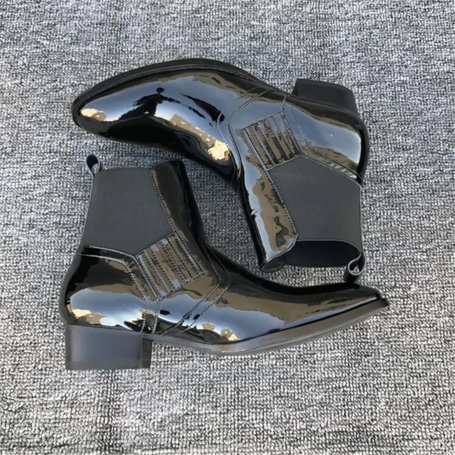 

Handmade Vintage Patent Leather Luxury Elastic Slip On Wyatt Classic Harness Ankle Chelsea Boots British Style Men Fashion Boots
