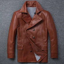 Мужское длинное двубортное Пальто 4XL, мужская коричневая куртка из натуральной коровьей кожи, длинное тонкое повседневное пальто, ветровка