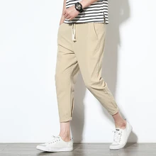Хлопковые льняные летние новые повседневные брюки мужские тонкие брюки длиной до щиколотки мужские свободные Дышащие Модные брюки