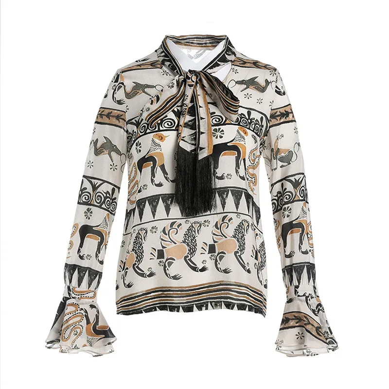 100% Silk Women Spring and Summer Jacket Sexy V-neck Trumpet Sleeve Print Fashion Elegant Women