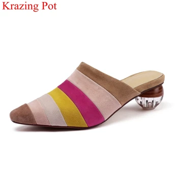 

big size kid suede med heel slip on pointed toe mules elegant mixed colors vacation shoes party sweet slingback women pumps L7f6