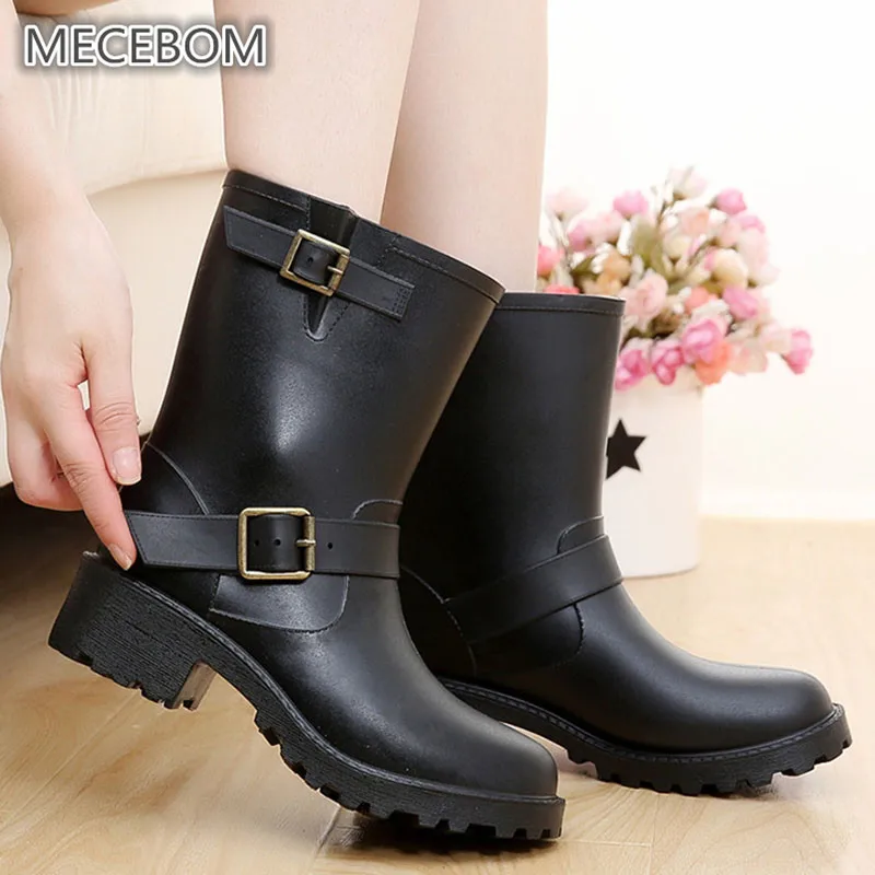 

Women Waterpoof Punk Rain boots Low Heels Wedges Platform Mid Calf Rubber Buckle Strap Ladies Outdoor Shoes Botas Mujer 2013W