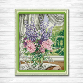 

Window vase flower diy decor painting counted print on canvas DMC 14CT 11CT Chinese Cross Stitch Needlework Sets Embroidery kits