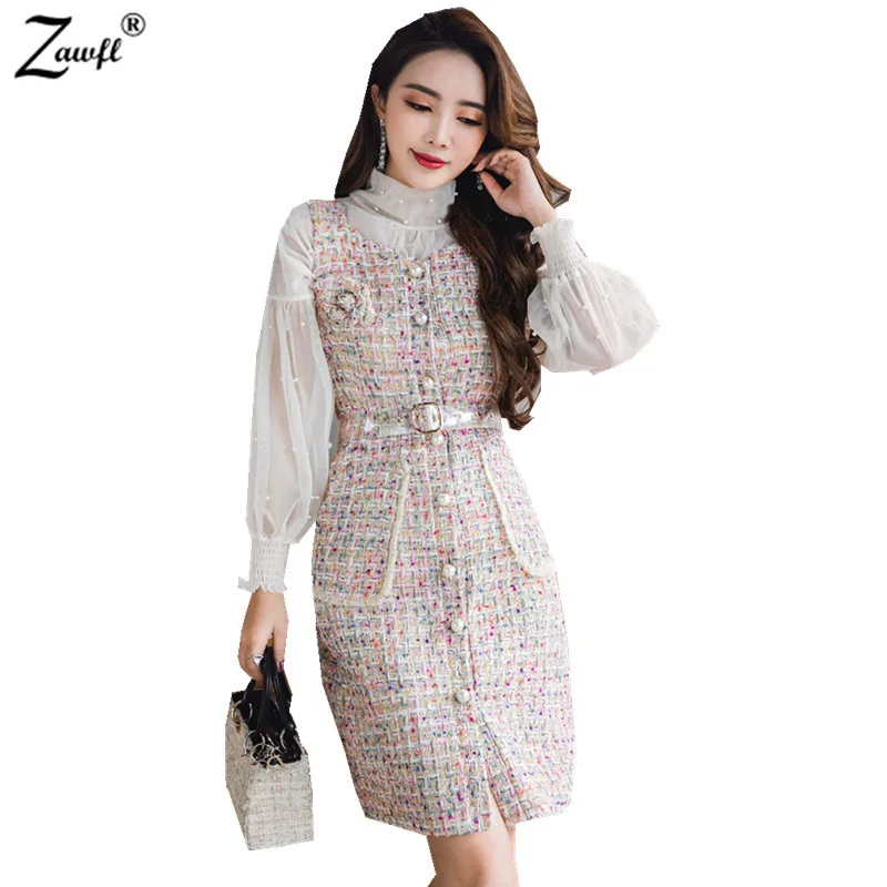 

ZAWFL 2019 New Early Spring Women's Chiffon Sleeves Nail bead Dress Handmade Series Lady Sweet Colorful Wind Tweed Dress