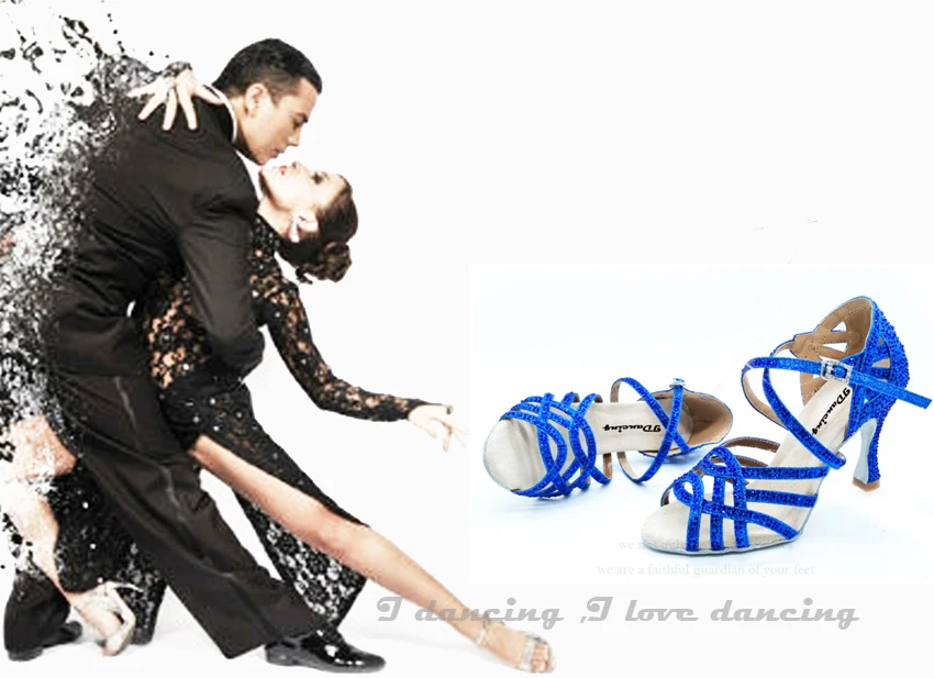 Женская обувь для латинских танцев; женская Обувь для бальных танцев; стразы; обувь для танго; синяя обувь на высоком каблуке; JuseDanc